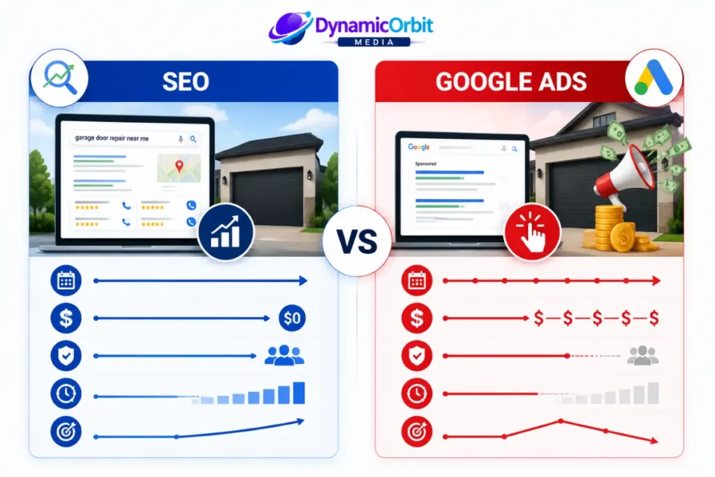 Comparison of garage door SEO and Google Ads costs, lead generation, and long-term return on investment