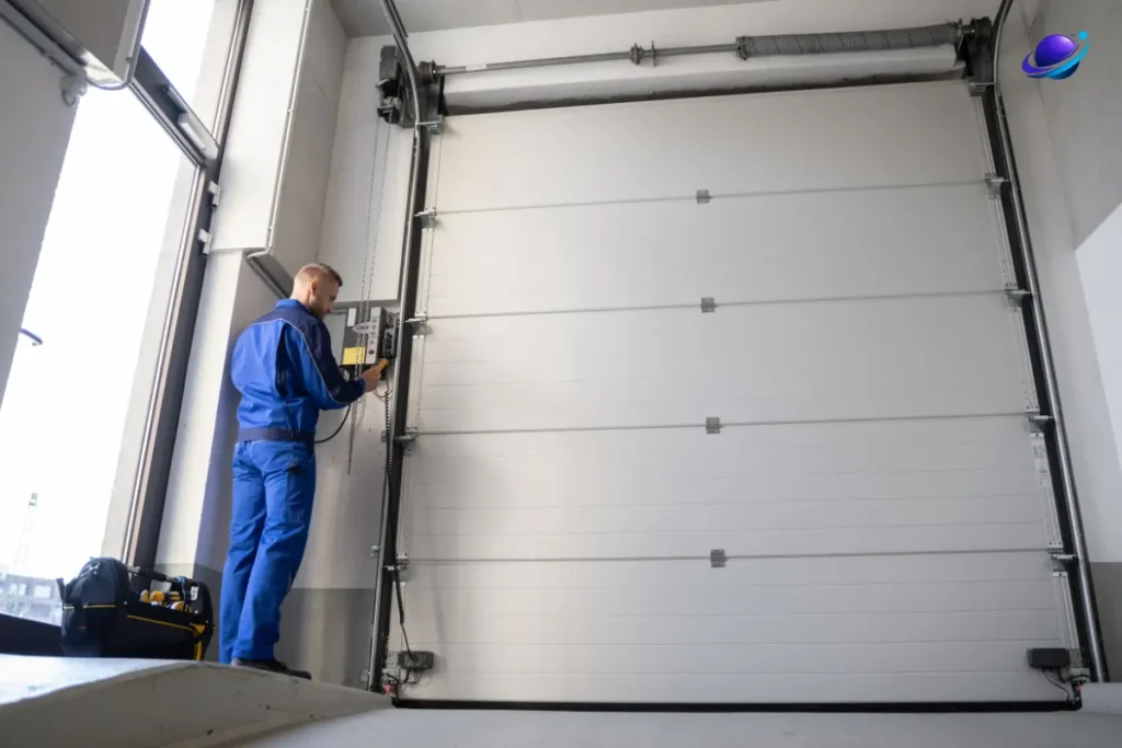 Garage door technician repairing a residential garage door while explaining the repair to a homeowner