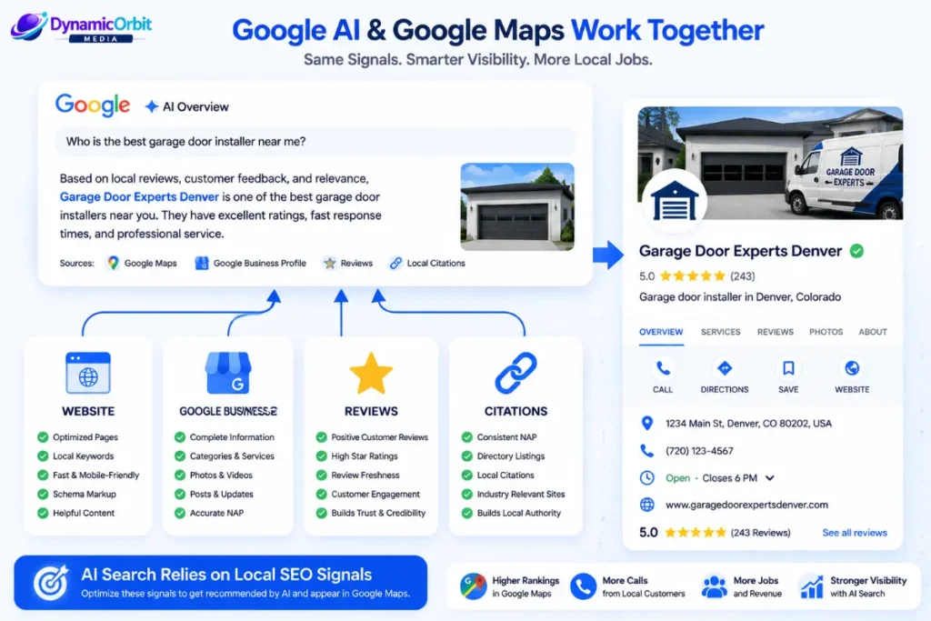 Google AI Overview using Google Business Profile, reviews, and local SEO signals to recommend a garage door installer