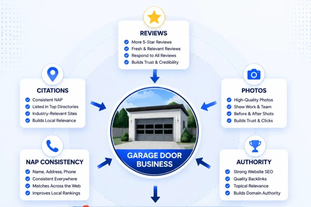 Google Maps seo for garage door installers ranking factors including reviews, citations, photos, and NAP consistency