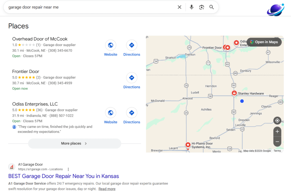Google search results for garage door repair near me