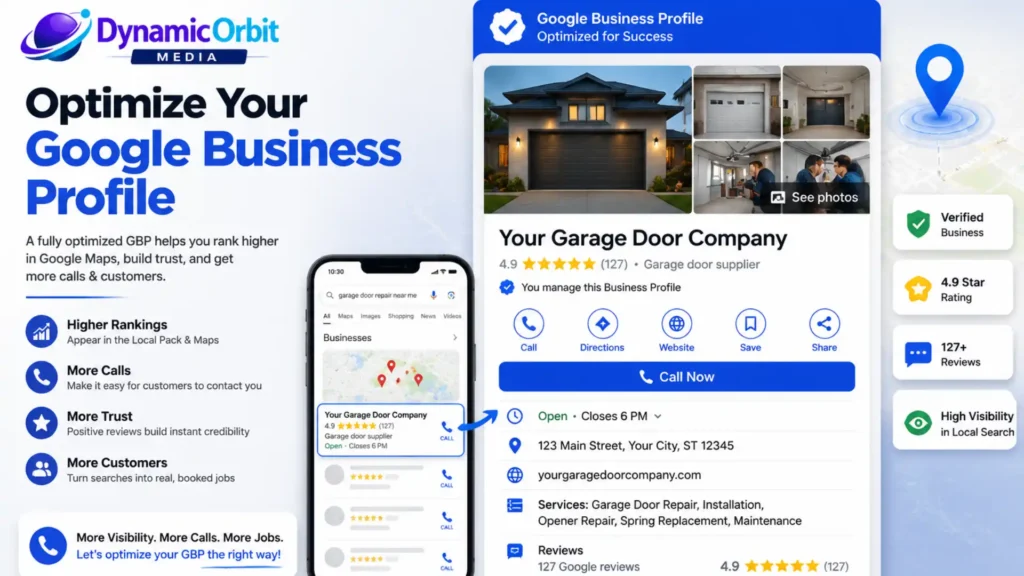 Optimized Google Business Profile for a garage door company with services, reviews, and business information