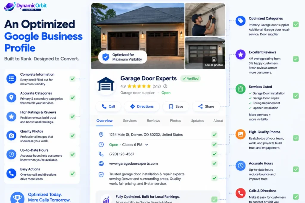 Optimized Google Business Profile for a garage door installer with services, reviews, and business information