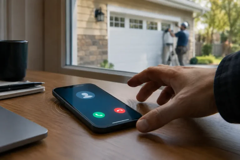 Hand reaching for a ringing phone at a desk with a garage door installation visible through a window