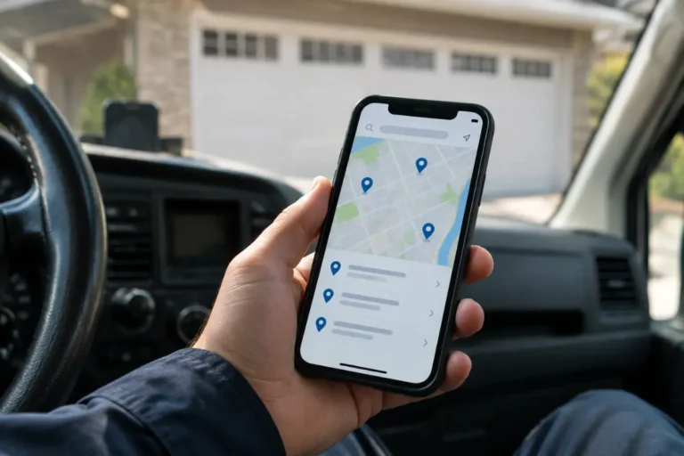 Smartphone showing local search results held near a garage door business van on a residential street