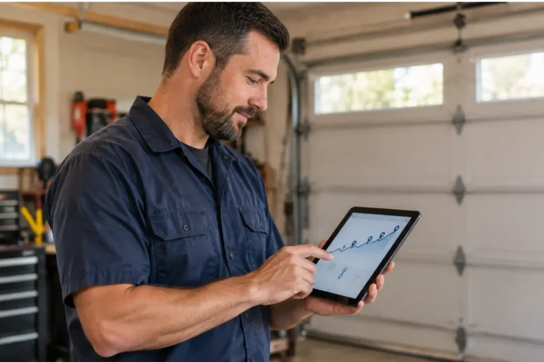 Garage door business owner reviewing SEO performance data on a tablet in their shop