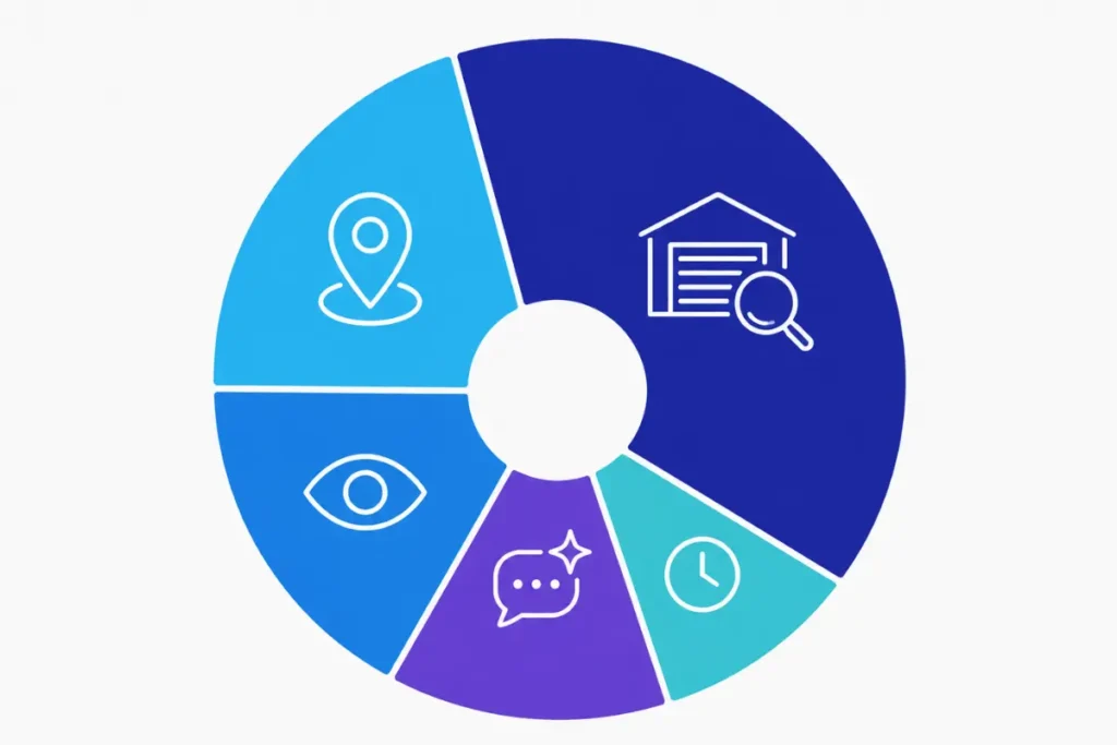 Diagram of the five weighted criteria used to rank garage door repair SEO companies