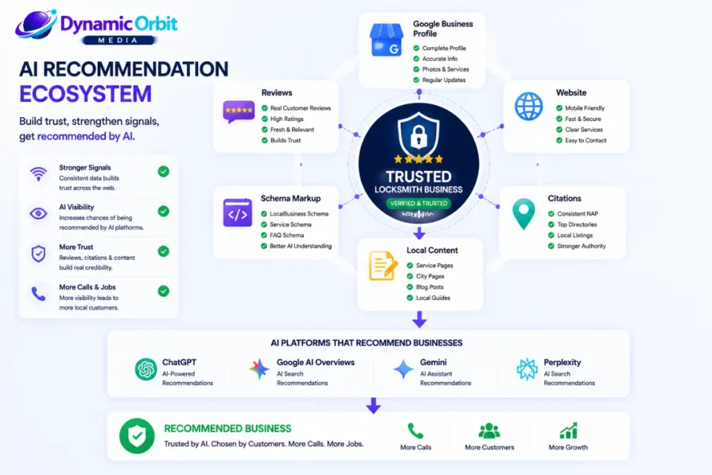 AI search platforms using Google Business Profile, reviews, schema markup, and local SEO signals to recommend a locksmith business