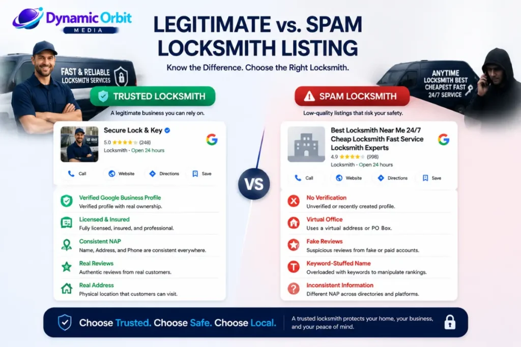 Comparison of a legitimate locksmith business and a spam Google Business Profile listing
