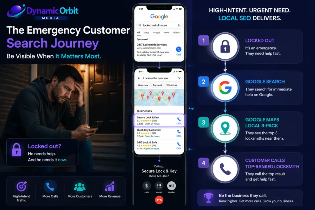 Emergency locksmith customer journey from Google search to Google Maps and phone call