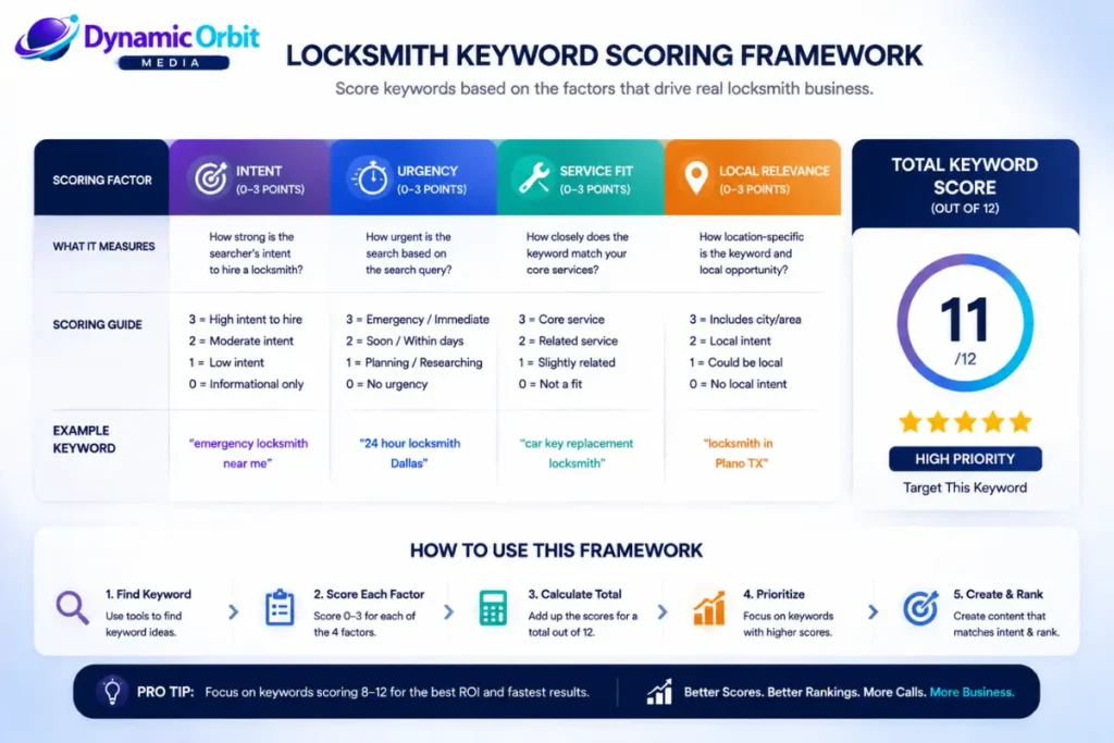 Framework for prioritizing SEO keywords for locksmiths based on intent, urgency, service fit, and local relevance
