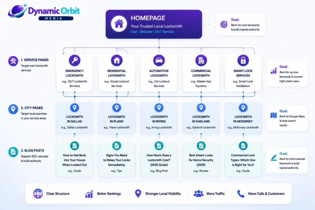 Recommended website structure for targeting locksmith SEO keywords across service and location pages