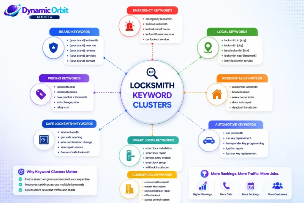 SEO keyword for Locksmiths categories businesses organized by service and search intent