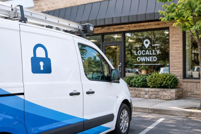 Locksmith service van parked outside a small local storefront