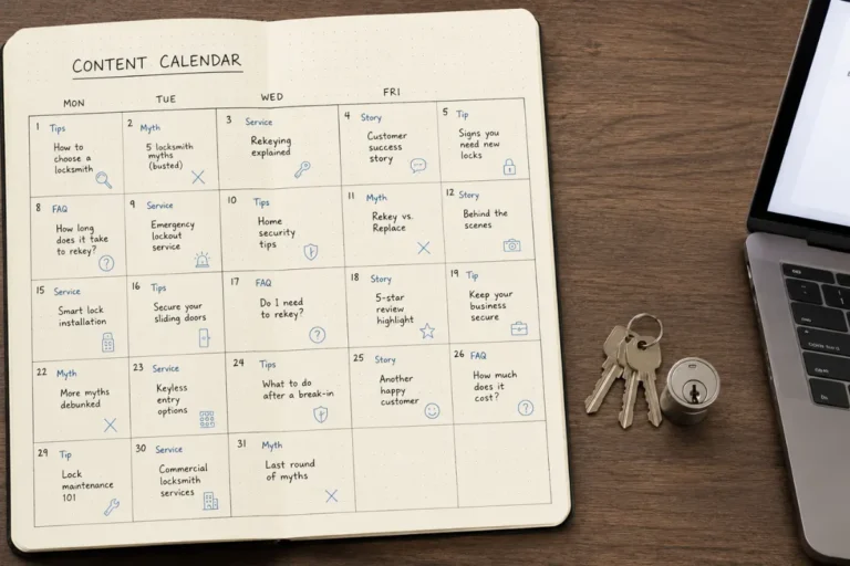 Notebook content calendar with locksmith keys and a laptop, planning a blog content strategy