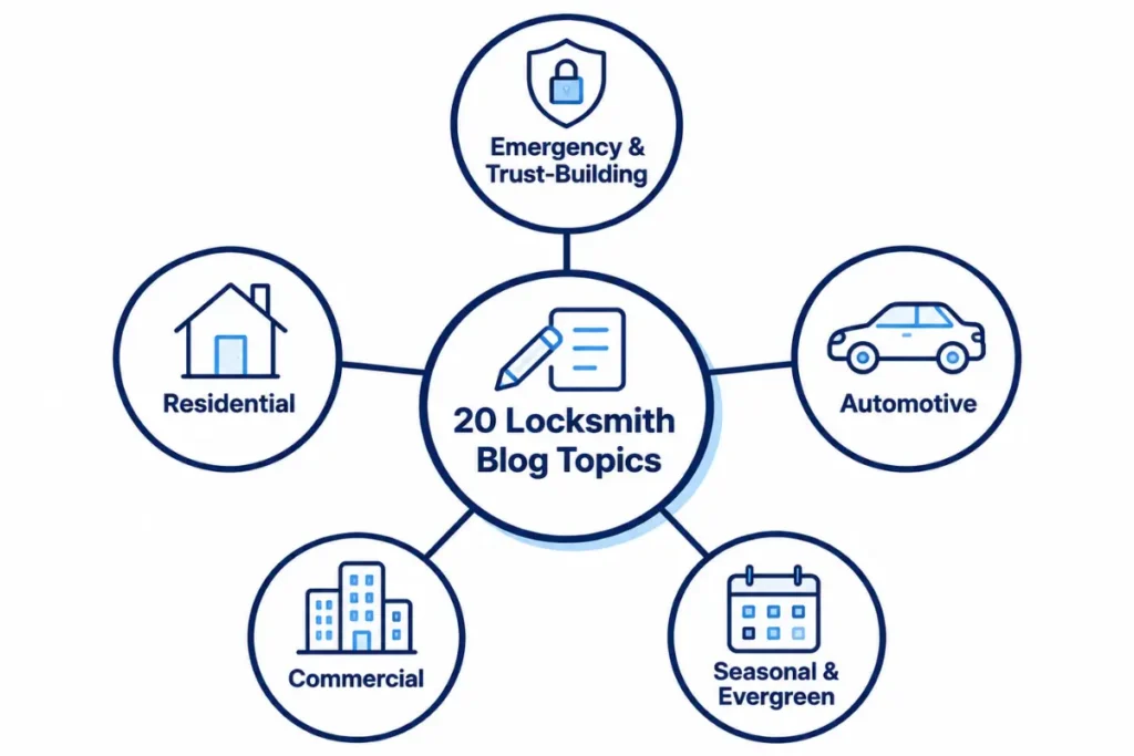 Diagram of five locksmith blog topic categories: emergency, residential, automotive, commercial, and seasonal