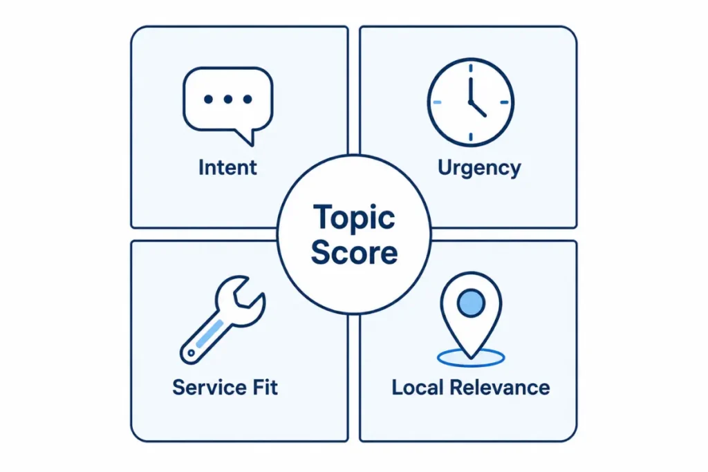 Diagram of the four-factor locksmith blog scoring framework: intent, urgency, service fit, and local relevance