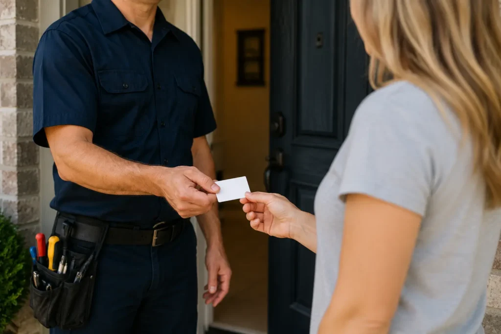 Locksmith handing a business card to a customer at their front door
