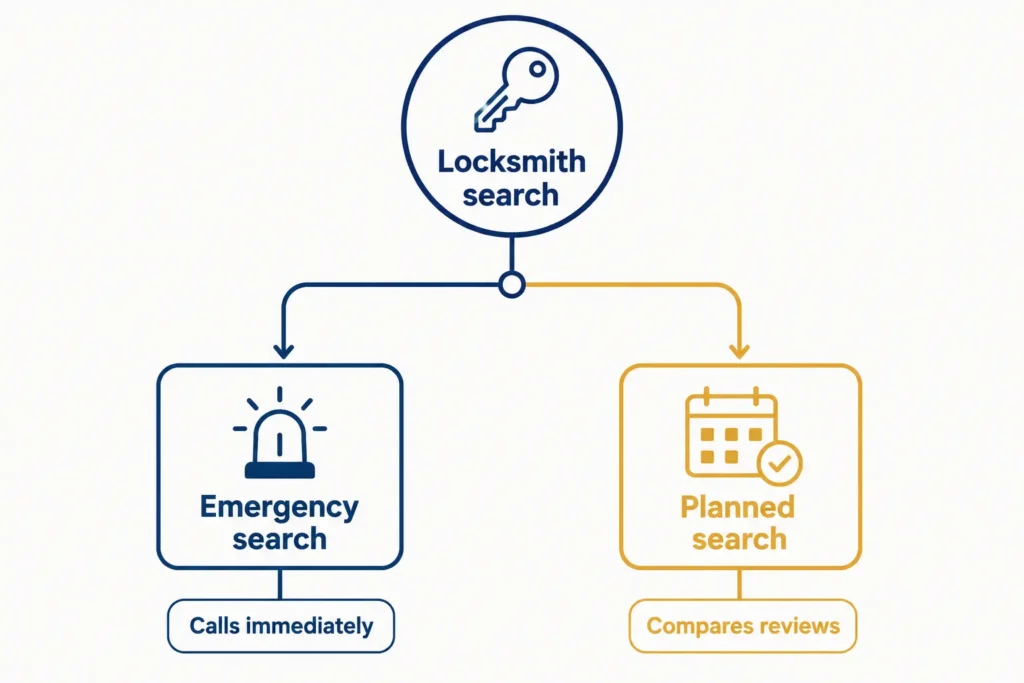 Diagram contrasting emergency locksmith searches with planned, research-driven searches