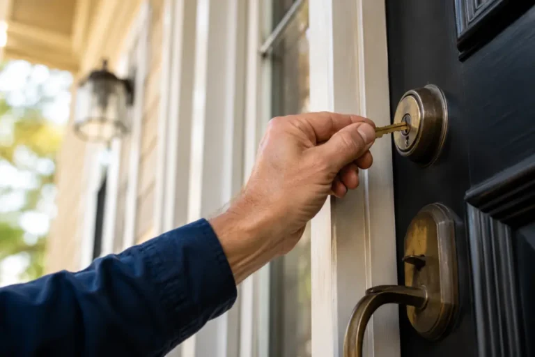 Locksmith's hand inserting a key into a front-door deadbolt