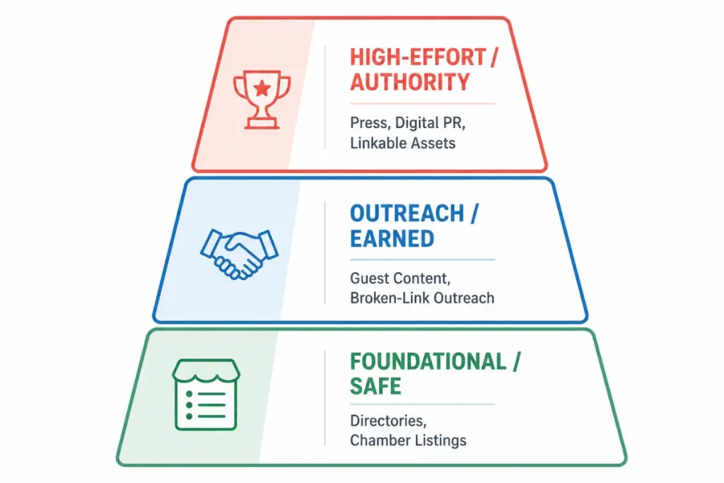 Three-tier diagram of locksmith link-building risk levels, from foundational directories to high-effort press coverage