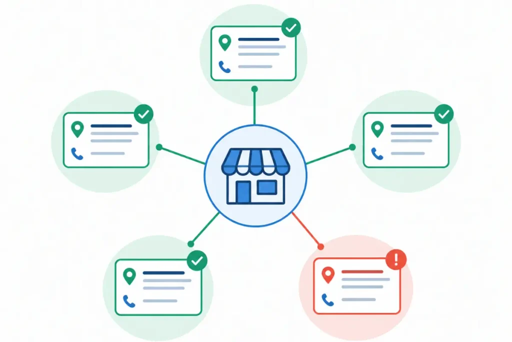 Diagram showing consistent business listing data radiating to multiple directories, with one mismatched listing highlighted