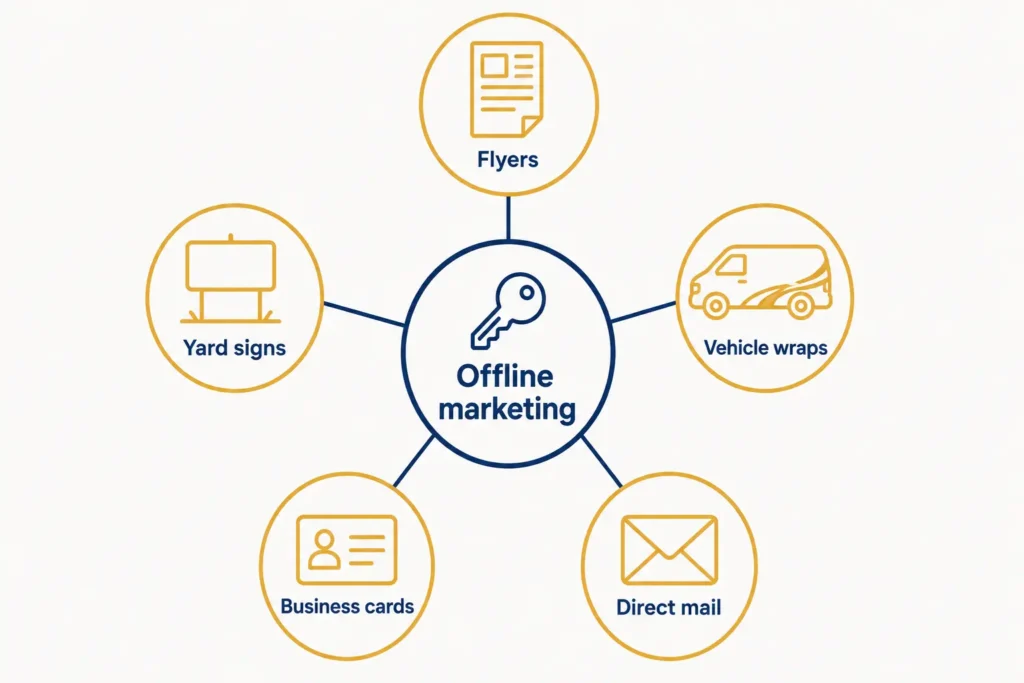 Diagram of five offline locksmith marketing tactics: flyers, yard signs, vehicle wraps, business cards, direct mail