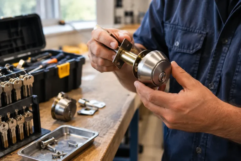 Locksmith's gloved hands adjusting pins inside an open lock cylinder at a workbench