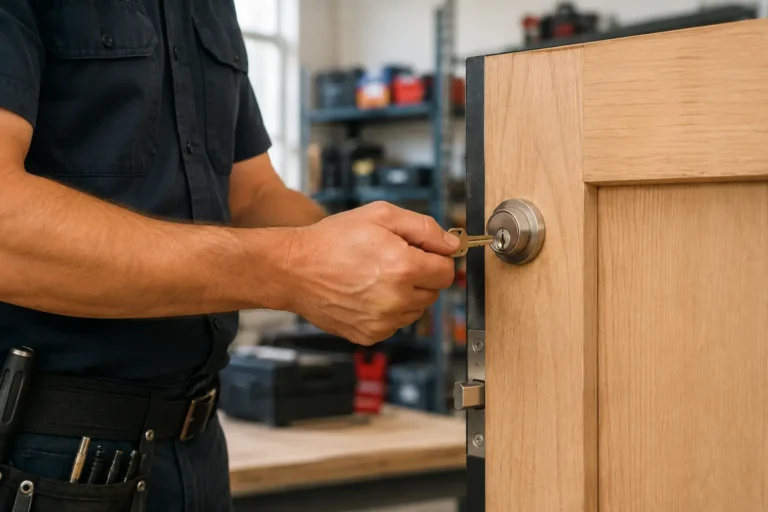 Locksmith turning a key in a rekeyed deadbolt during a lock test
