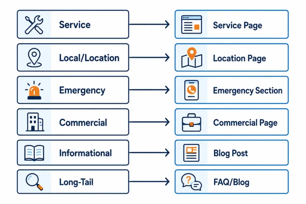 Diagram mapping roofing keyword intent types to the website page each should target
