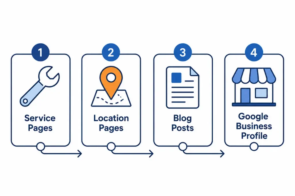 Four-step diagram showing where to place roofing keywords: service pages, location pages, blog posts, and Google Business Profile