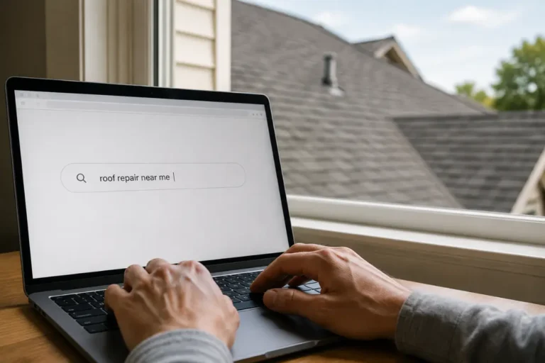 Hands typing a roofing search query on a laptop with a shingle roof visible through the window