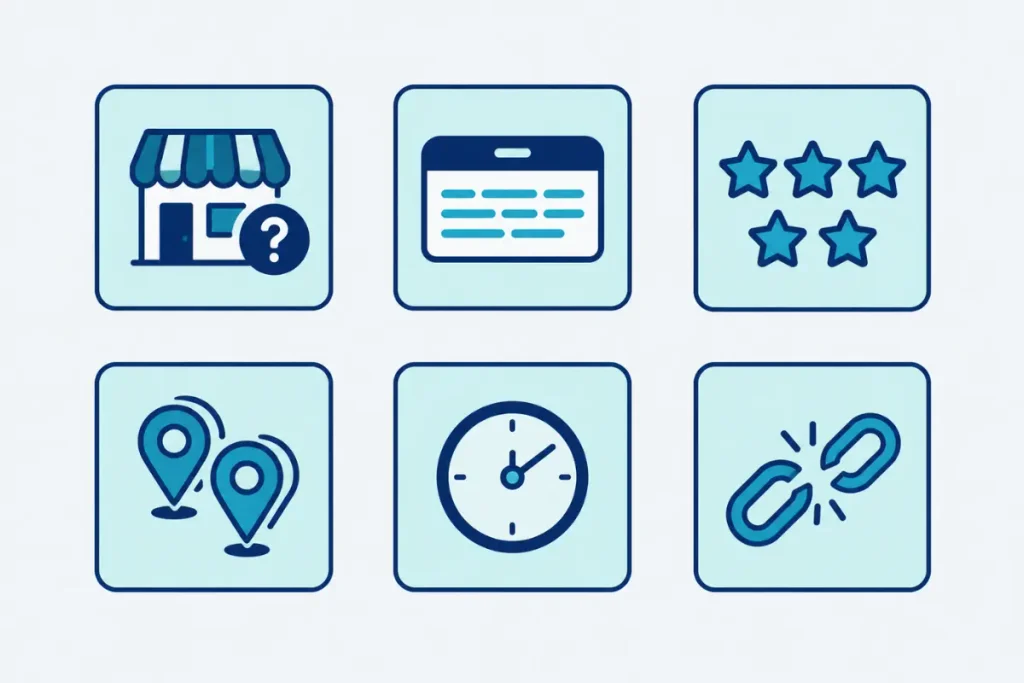 Checklist graphic of six red flags for spotting a fake garage door Google Maps listing