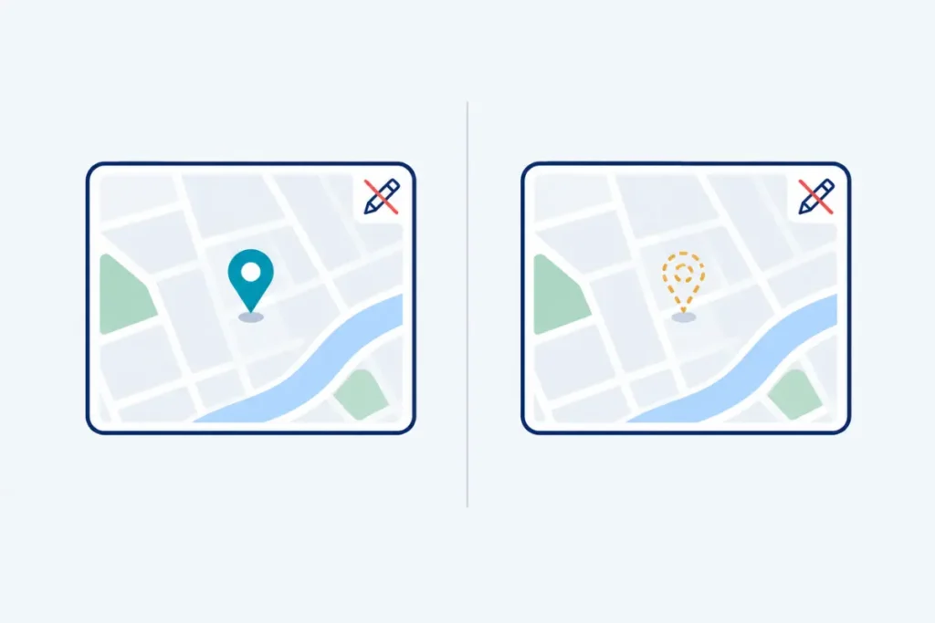 Diagram comparing a soft suspension, listing visible but locked, with a hard suspension, listing removed from Maps