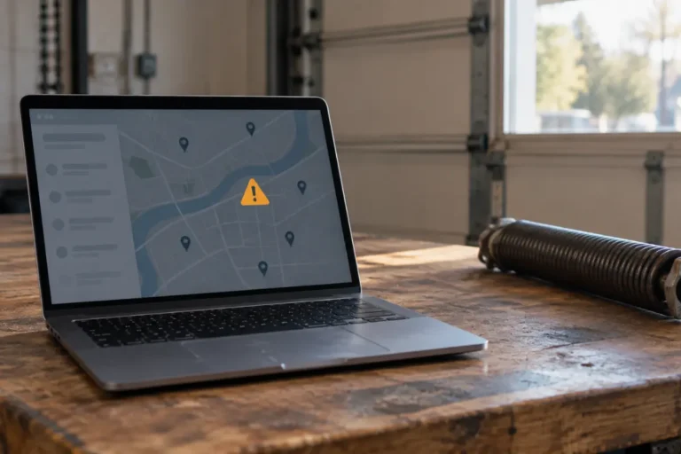 Laptop on a garage door workshop bench with a listing suspension alert beside a torsion spring
