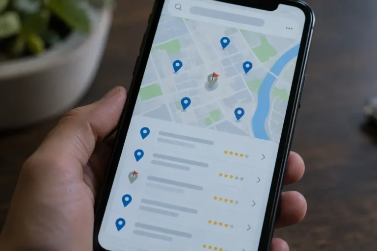 Smartphone showing a Google Maps local search results list with one flagged listing among real pins