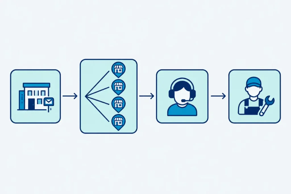 Diagram showing how a fake garage door listing network routes leads from virtual addresses through a call center