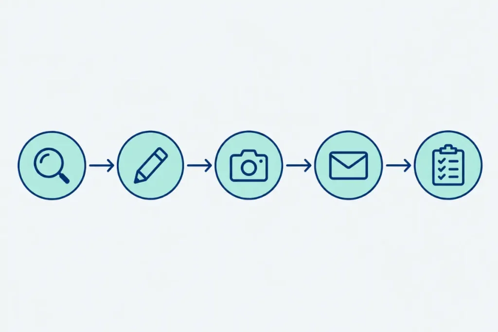 Five-step diagram of the process for reporting a fake garage door listing to Google