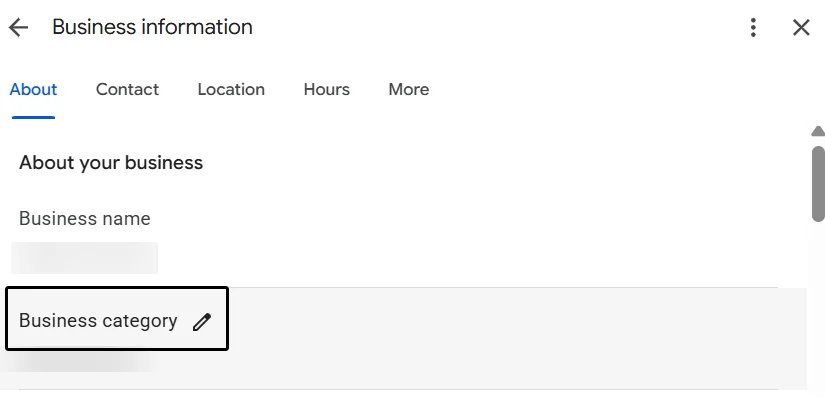 Google Business Profile edit screen showing the Business category field