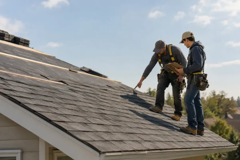 Roofing contractor and apprentice reviewing shingle work on a residential roof