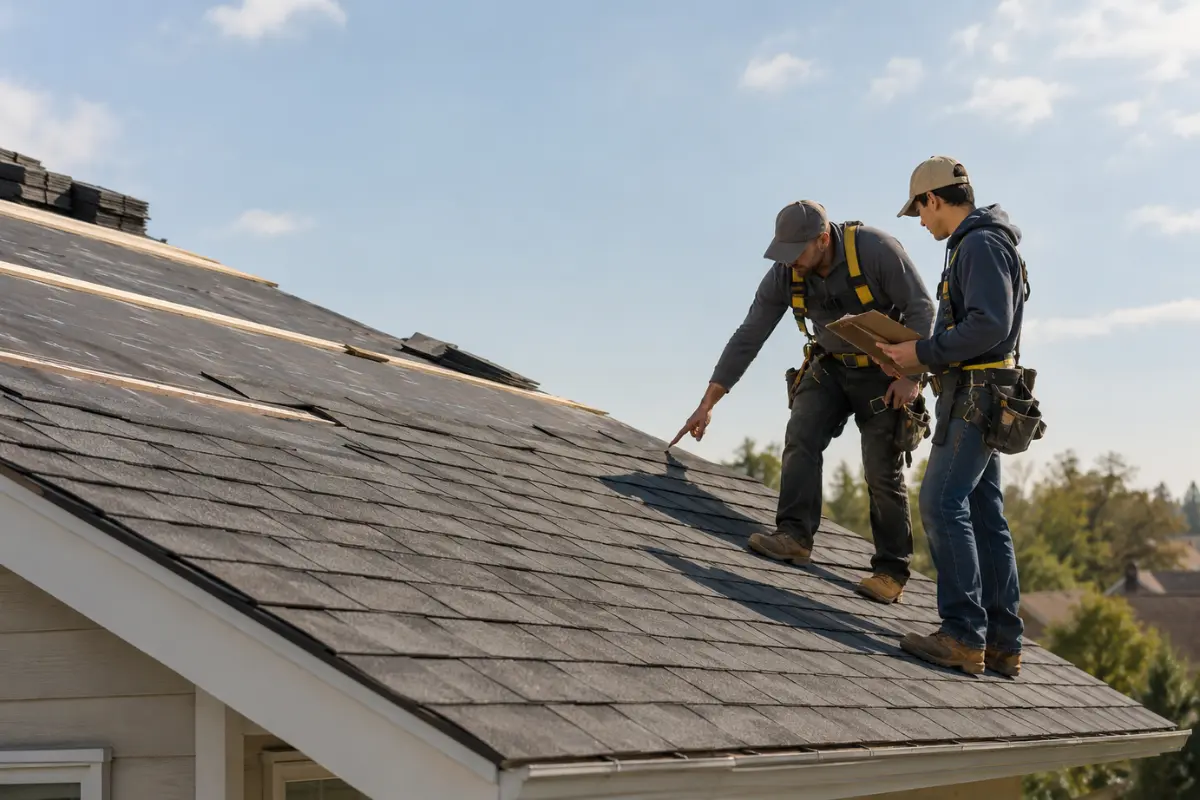 Roofing contractor and apprentice reviewing shingle work on a residential roof