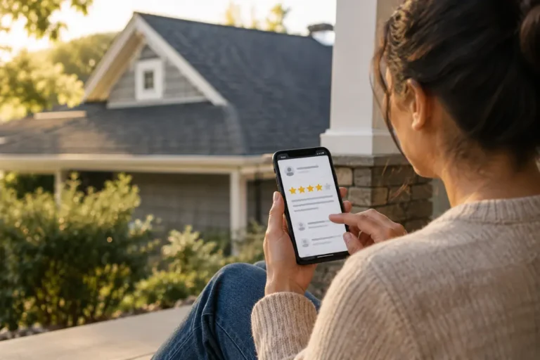 Homeowner checking a roofing company's star ratings on a phone