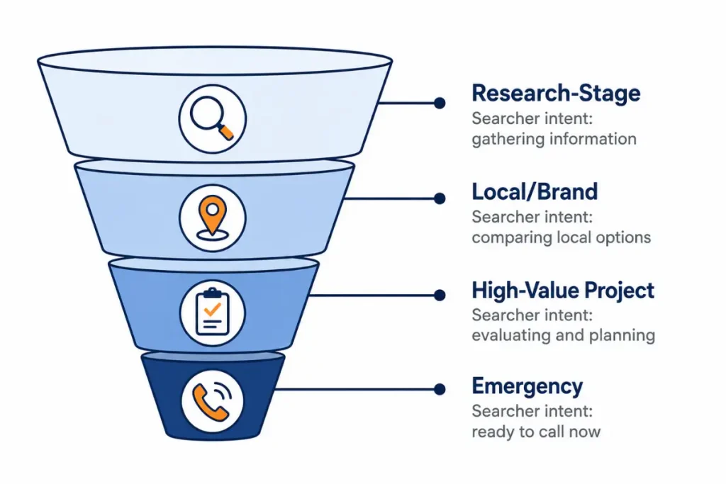 Funnel diagram showing four roofing keyword tiers by buyer intent, from research-stage to emergency searches