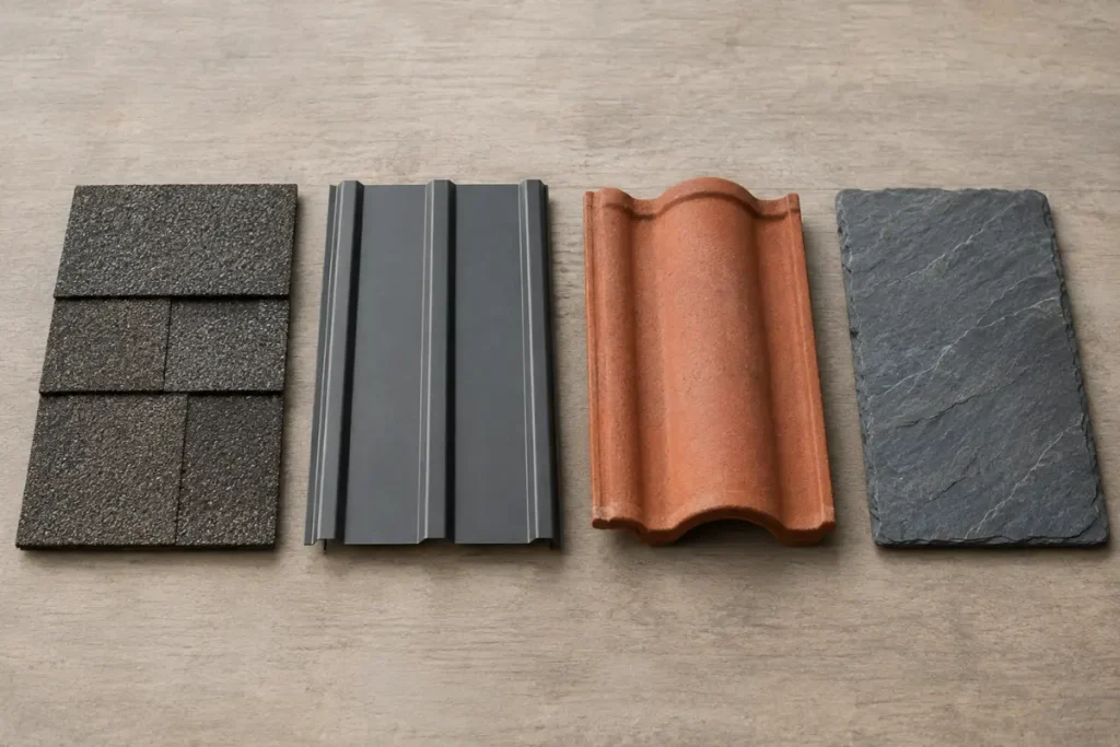 Asphalt shingle, metal, clay tile, and slate roofing samples compared side by side