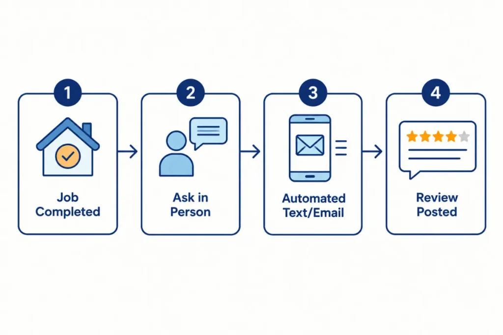 Diagram of a four-step roofing review request process from job completion to posted review
