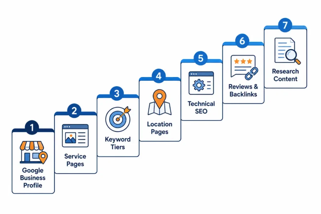 how to rank my roofing website on Google - Seven-step roadmap showing the priority order for ranking a roofing website on Google, from Google Business Profile to research content