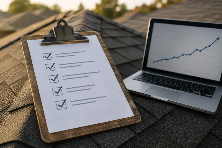 Checklist clipboard and laptop with a growth graph resting on a rooftop, representing a roofing SEO strategy