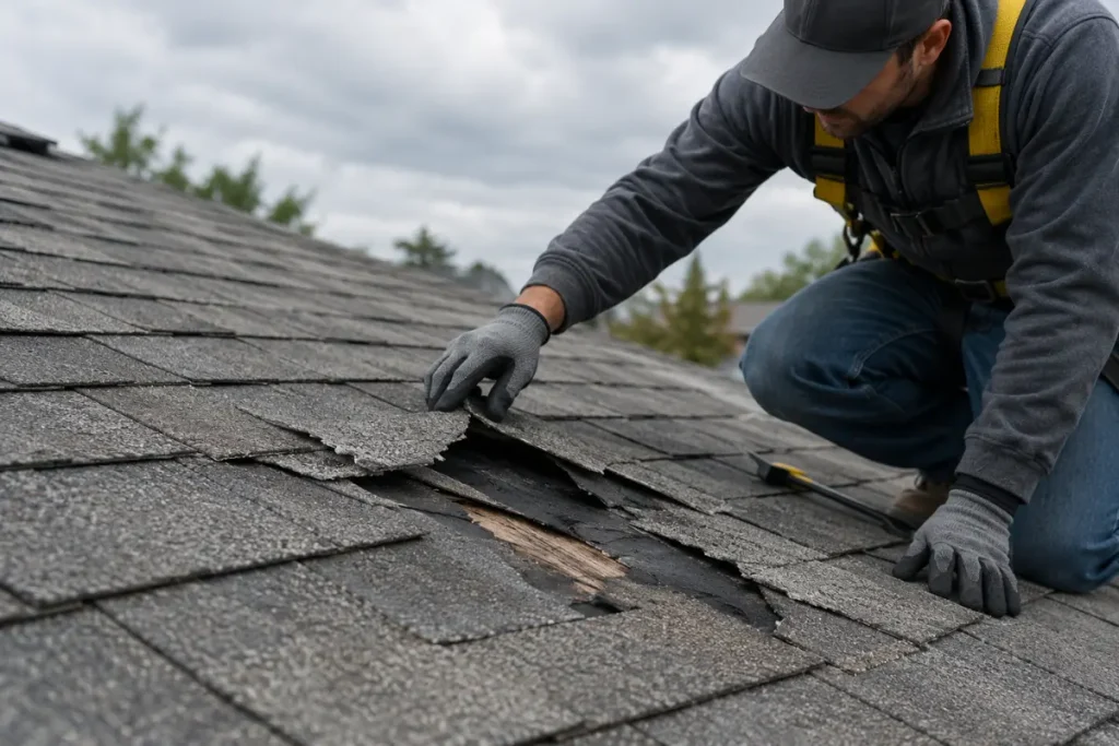 Roofer inspecting wind-damaged shingles after a storm