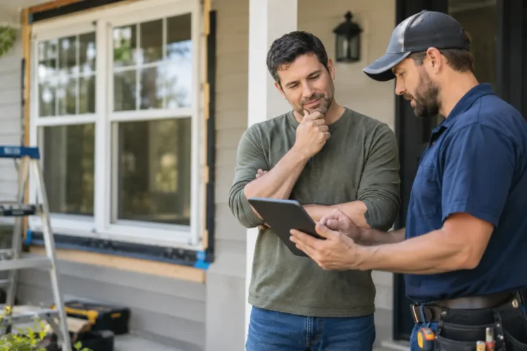 Homeowner and contractor reviewing project details near a new window installation