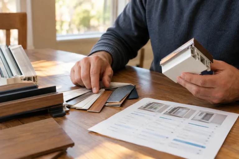 Homeowner comparing window frame material samples and price quotes at a sunlit table